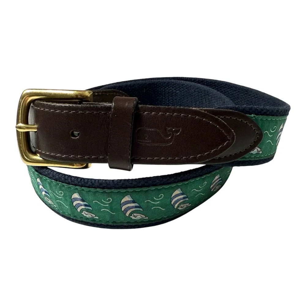 Vineyard Vines Belt Mens 36 Navy Green Sailboat Leather Brass Preppy USA Made